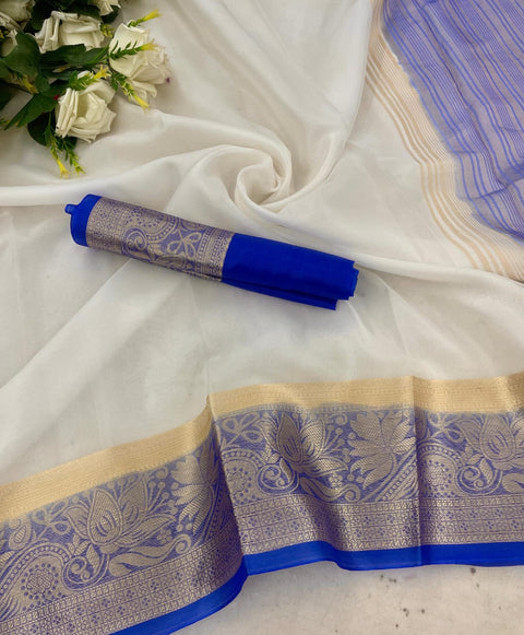 VastraLakshmi Effervescent White and Blue Orgenza Silk Saree With Palimpsest Blouse Piece