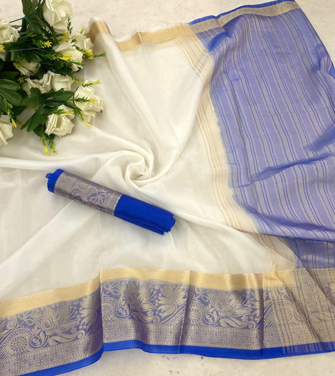 VastraLakshmi Effervescent White and Blue Orgenza Silk Saree With Palimpsest Blouse Piece