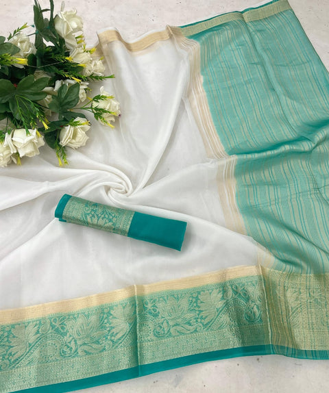 VastraLakshmi Gratifying White and Firozi Orgenza Silk Saree With Fantabulous Blouse Piece