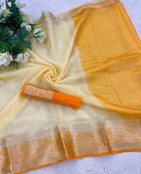 VastraLakshmi Incomparable White and Orange Orgenza Silk Saree With Fragrant Blouse Piece