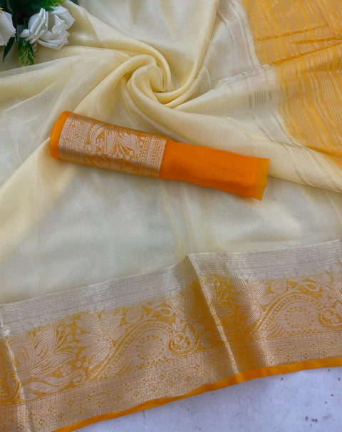 VastraLakshmi Incomparable White and Orange Orgenza Silk Saree With Fragrant Blouse Piece