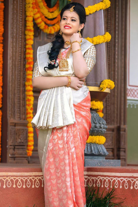 VastraLakshmi Resplendent Peach Soft Silk Saree With Splendorous Blouse Piece