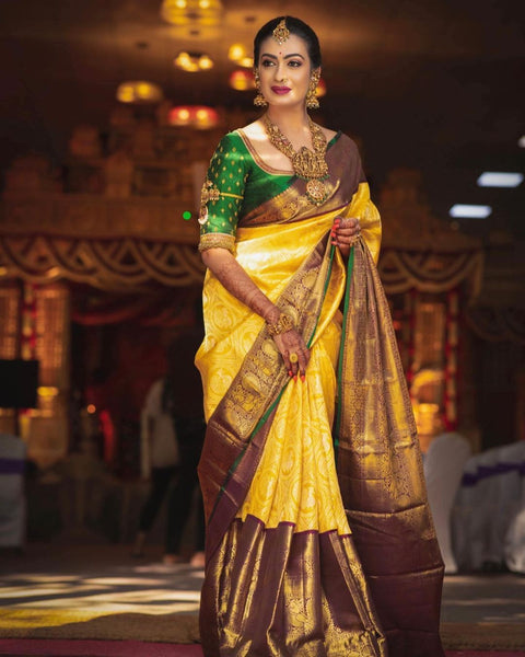 VastraLakshmi Designer Yellow Soft Banarasi Silk Saree With Flamboyant Blouse Piece