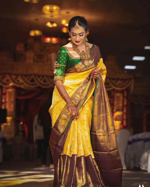 VastraLakshmi Designer Yellow Soft Banarasi Silk Saree With Flamboyant Blouse Piece