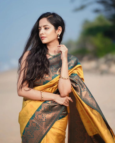 VastraLakshmi Smashing Yellow Soft Silk Saree With Enthralling Blouse Piece