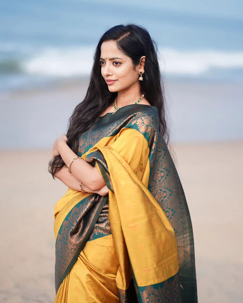 VastraLakshmi Smashing Yellow Soft Silk Saree With Enthralling Blouse Piece