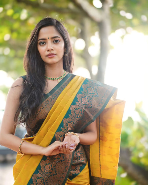 VastraLakshmi Smashing Yellow Soft Silk Saree With Enthralling Blouse Piece