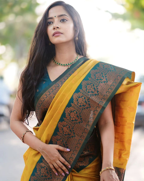 VastraLakshmi Smashing Yellow Soft Silk Saree With Enthralling Blouse Piece