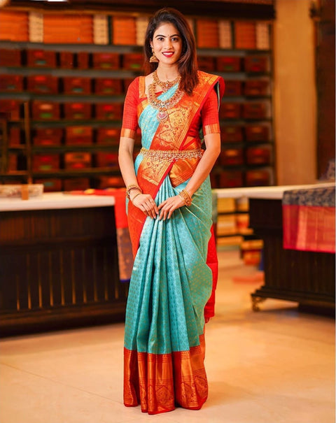 VastraLakshmi Blissful Turquoise Soft Silk Saree with Ethnic Blouse Piece