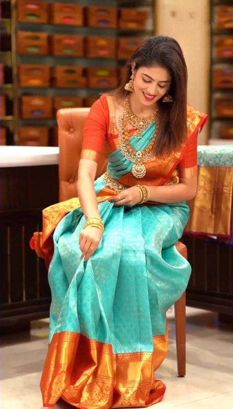 VastraLakshmi Blissful Turquoise Soft Silk Saree with Ethnic Blouse Piece