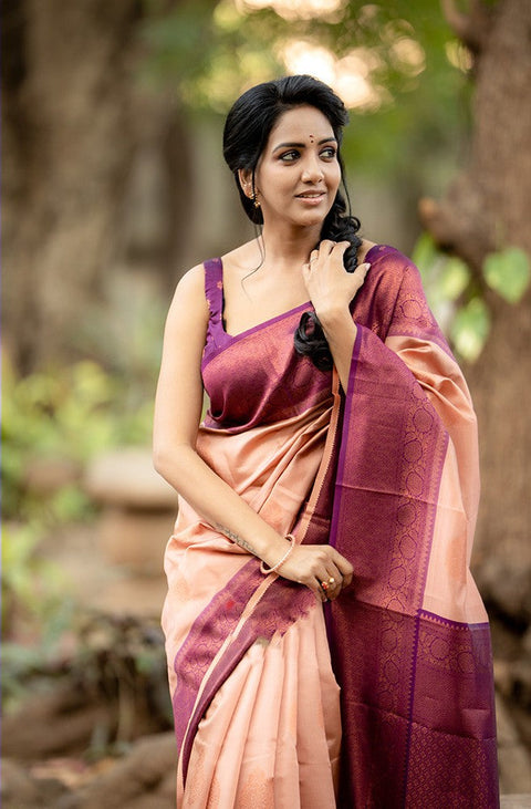 VastraLakshmi Outstanding Peach Soft Silk Saree With Intricate Blouse Piece