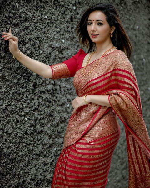 VastraLakshmi Stylish Red Soft Silk Saree With Blooming Blouse Piece