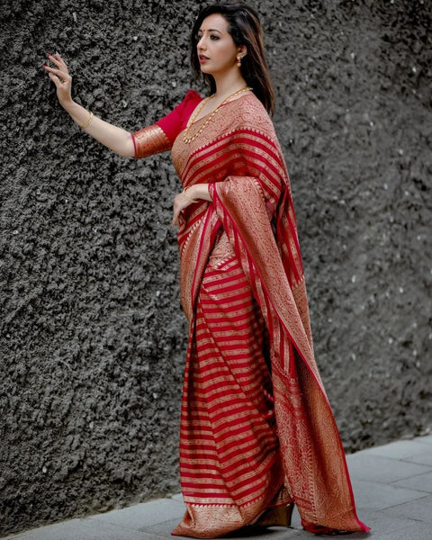 VastraLakshmi Stylish Red Soft Silk Saree With Blooming Blouse Piece