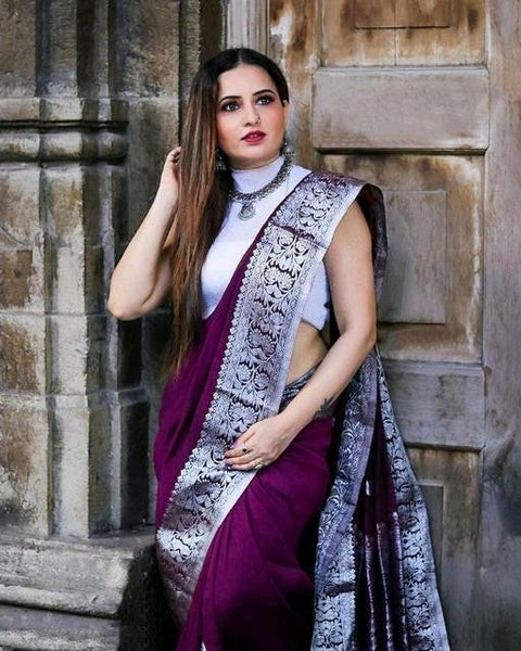 VastraLakshmi Glorious Purple Soft Banarasi Silk Saree With Glowing Blouse Piece