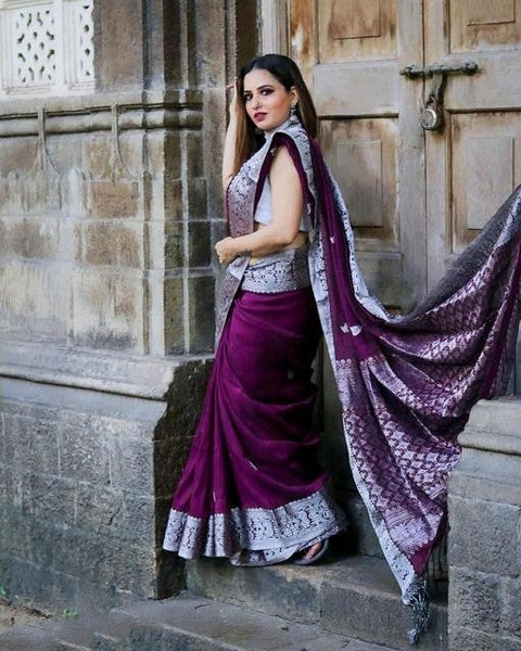 VastraLakshmi Glorious Purple Soft Banarasi Silk Saree With Glowing Blouse Piece