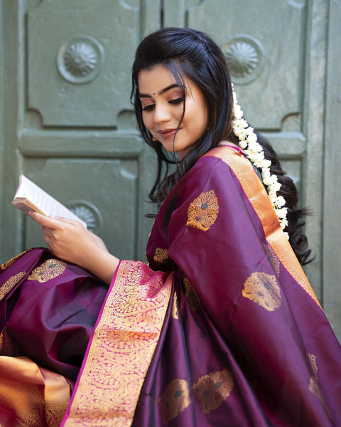 VastraLakshmi Dazzling Wine Soft Banarasi Silk Saree With Adorable Blouse Piece