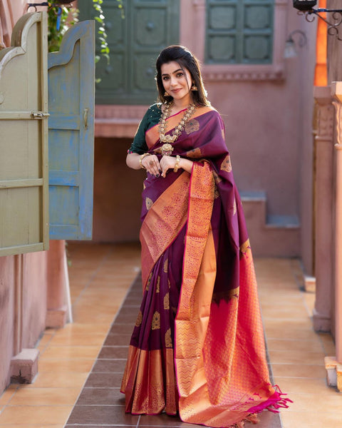 VastraLakshmi Dazzling Wine Soft Banarasi Silk Saree With Adorable Blouse Piece