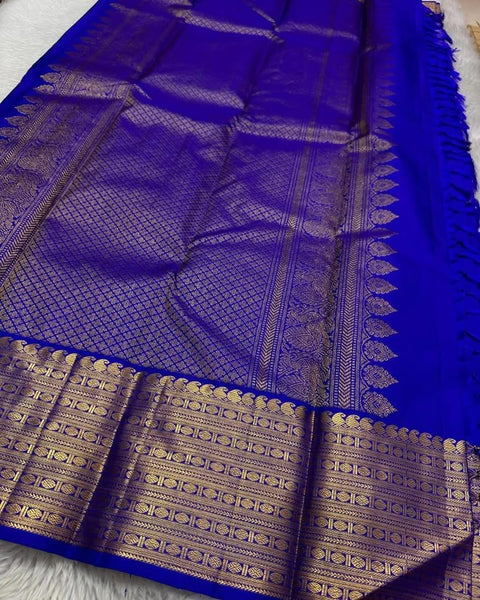 VastraLakshmi Chatoyant Royal Blue Soft Silk Saree With Embrocation Blouse Piece