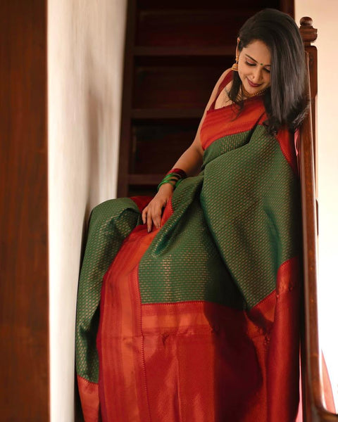 VastraLakshmi Extraordinary Dark Green Soft Silk Saree With Adorning Blouse Piece