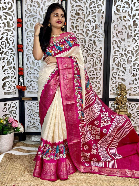 VastraLakshmi Gossamer Beige Digital Printed Dola Silk Saree With Demesne Blouse Piece