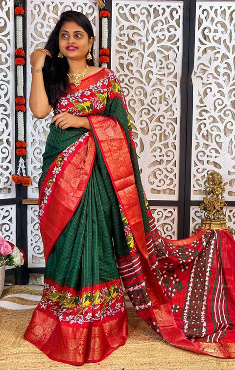 VastraLakshmi Imbrication Dark Green Digital Printed Dola Silk Saree With Seraglio Blouse Piece