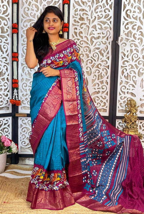 VastraLakshmi Prodigal Firozi Digital Printed Dola Silk Saree With Resplendent Blouse Piece