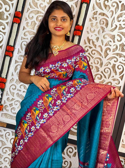 VastraLakshmi Prodigal Firozi Digital Printed Dola Silk Saree With Resplendent Blouse Piece