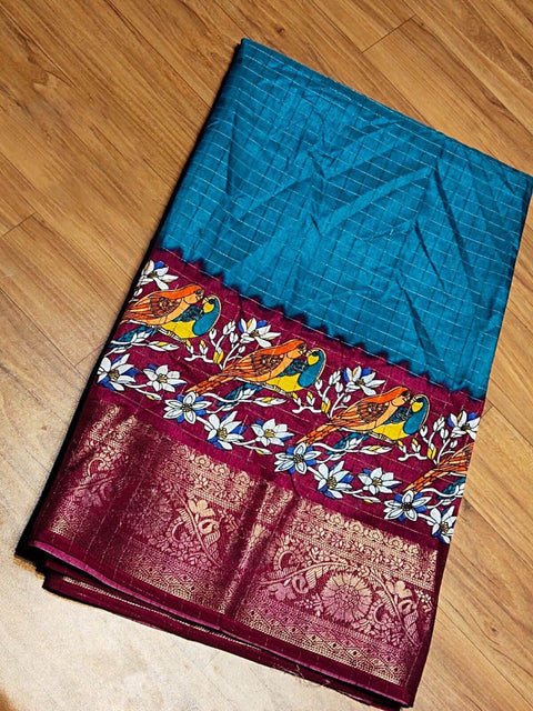 VastraLakshmi Prodigal Firozi Digital Printed Dola Silk Saree With Resplendent Blouse Piece