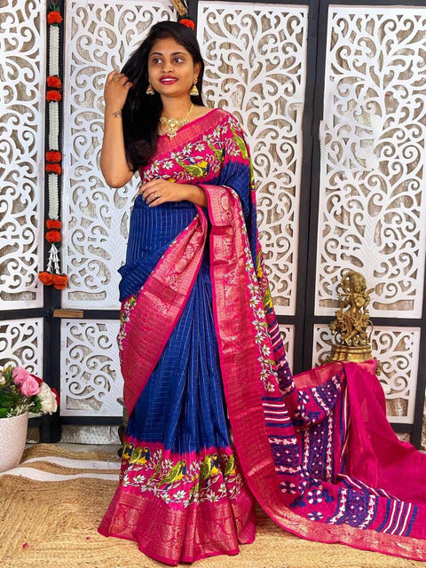 VastraLakshmi Transcendent Navy Blue Digital Printed Dola Silk Saree With Piquant Blouse Piece