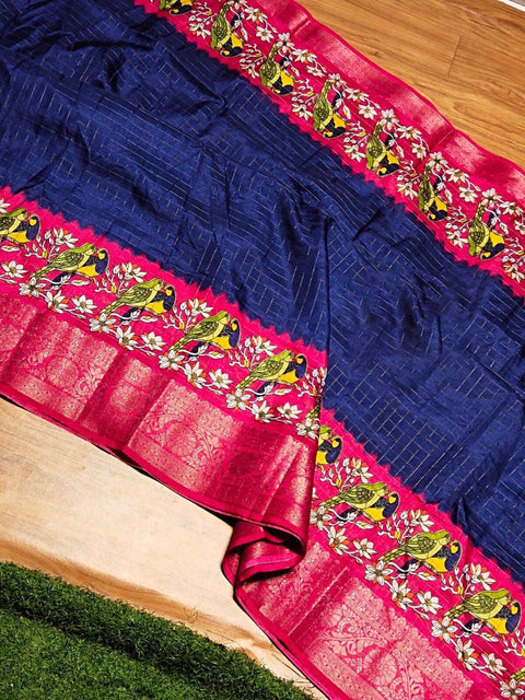 VastraLakshmi Transcendent Navy Blue Digital Printed Dola Silk Saree With Piquant Blouse Piece