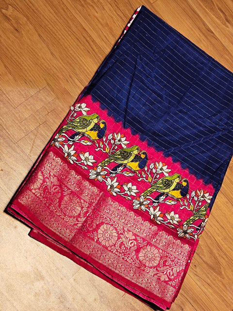 VastraLakshmi Transcendent Navy Blue Digital Printed Dola Silk Saree With Piquant Blouse Piece