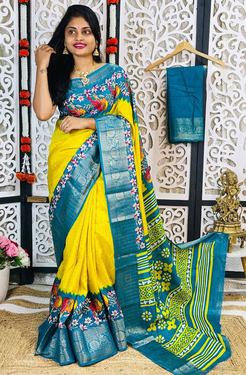 VastraLakshmi Quixotic Yellow Digital Printed Dola Silk Saree With Inimitable Blouse Piece