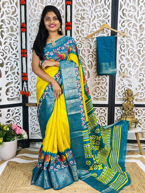 VastraLakshmi Quixotic Yellow Digital Printed Dola Silk Saree With Inimitable Blouse Piece