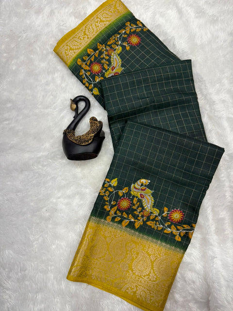 VastraLakshmi Glowing Dark Green Digital Printed Dola Silk Saree With Designer Blouse Piece