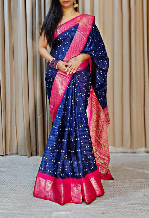 VastraLakshmi Rhapsodic Navy Blue Digital Printed Dola Silk Saree With Whimsical Blouse Piece