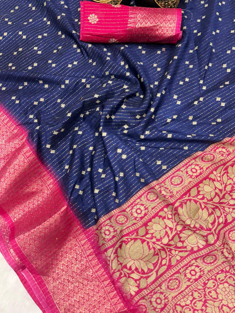 VastraLakshmi Rhapsodic Navy Blue Digital Printed Dola Silk Saree With Whimsical Blouse Piece