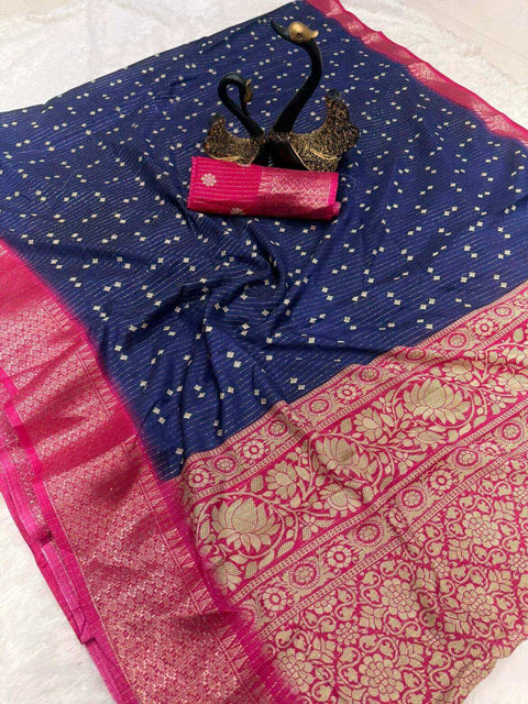 VastraLakshmi Rhapsodic Navy Blue Digital Printed Dola Silk Saree With Whimsical Blouse Piece