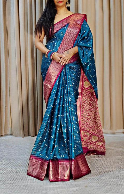 VastraLakshmi Smashing Teal Blue Digital Printed Dola Silk Saree With Redolent Blouse Piece