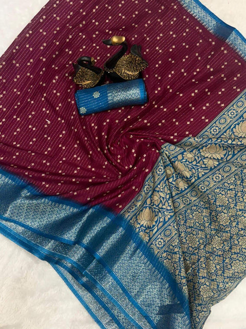 VastraLakshmi Fugacious Wine Digital Printed Dola Silk Saree With Palimpsest Blouse Piece