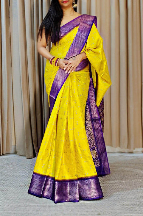 VastraLakshmi Magnetic Yellow Digital Printed Dola Silk Saree With Mellifluous Blouse Piece