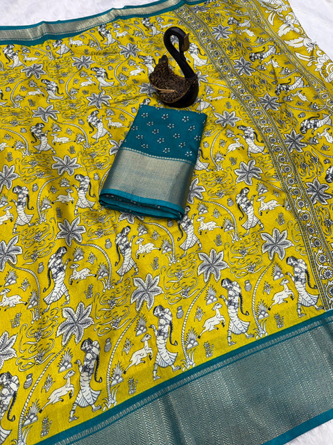 VastraLakshmi Entrancing Mustard Digital Printed Dola Silk Saree With Beleaguer Blouse Piece