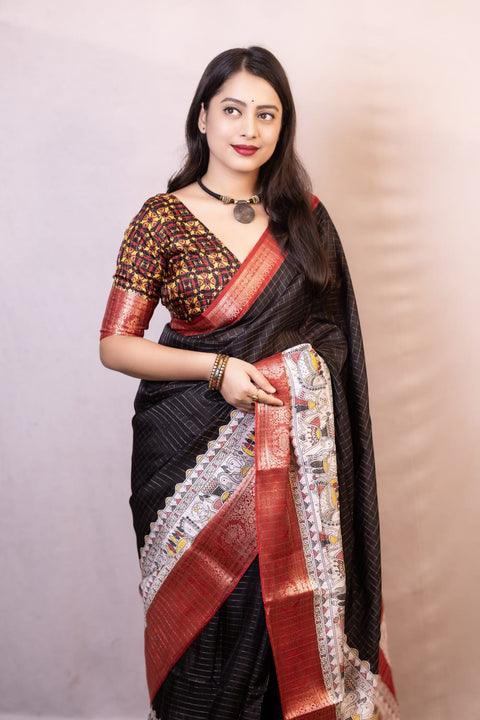 VastraLakshmi Elision Black Digital Printed Dola Silk Saree With Bucolic Blouse Piece