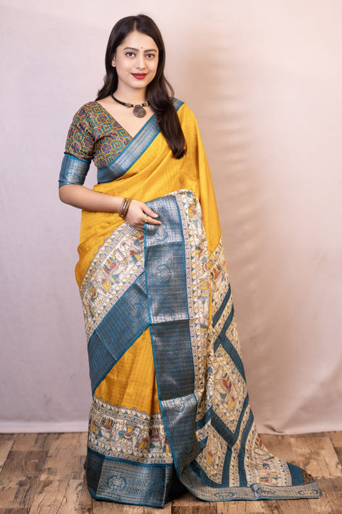 VastraLakshmi Symmetrical Mustard Digital Printed Dola Silk Saree With Transcendent Blouse Piece