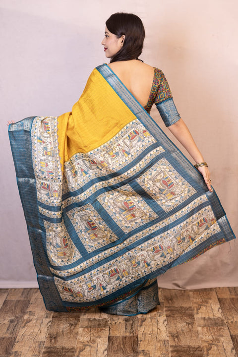 VastraLakshmi Symmetrical Mustard Digital Printed Dola Silk Saree With Transcendent Blouse Piece