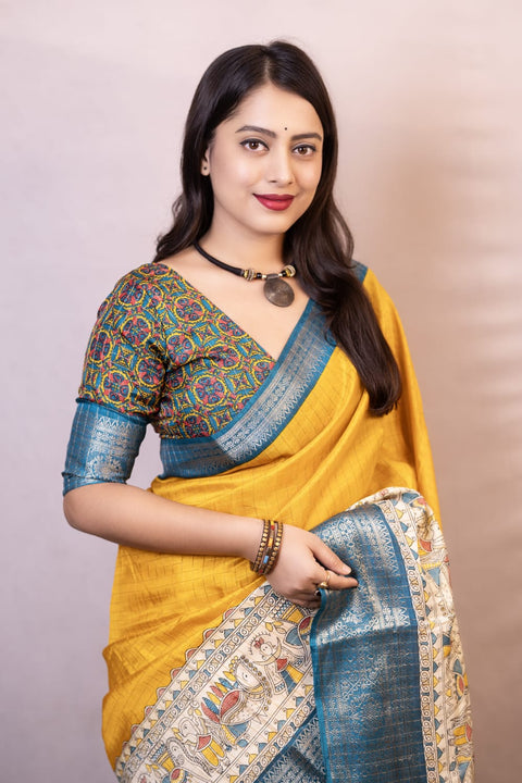 VastraLakshmi Symmetrical Mustard Digital Printed Dola Silk Saree With Transcendent Blouse Piece