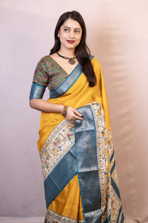 VastraLakshmi Symmetrical Mustard Digital Printed Dola Silk Saree With Transcendent Blouse Piece