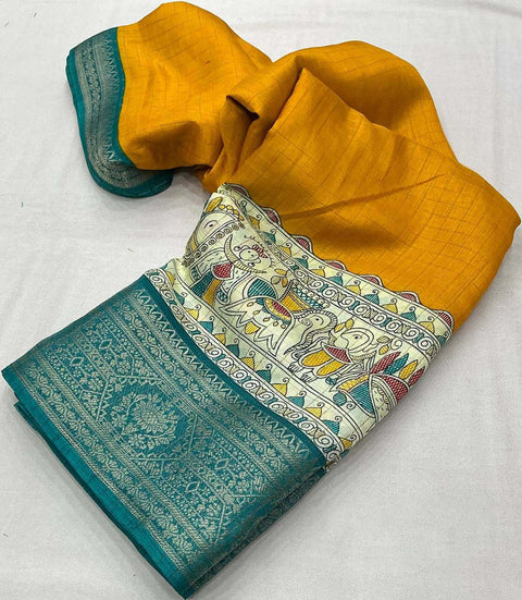 VastraLakshmi Symmetrical Mustard Digital Printed Dola Silk Saree With Transcendent Blouse Piece