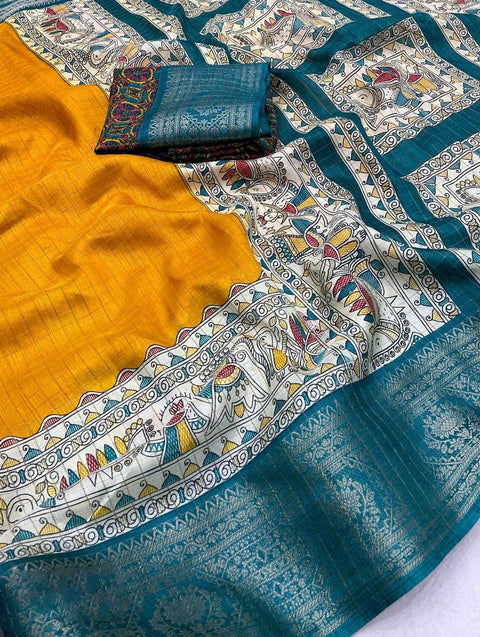 VastraLakshmi Symmetrical Mustard Digital Printed Dola Silk Saree With Transcendent Blouse Piece