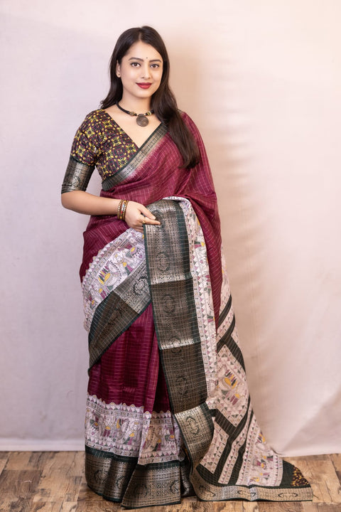 VastraLakshmi Proficient Wine Digital Printed Dola Silk Saree With Whimsical Blouse Piece