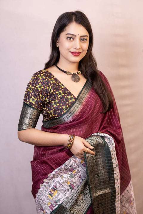 VastraLakshmi Proficient Wine Digital Printed Dola Silk Saree With Whimsical Blouse Piece